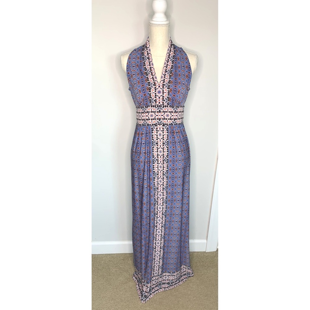WISP Ella Jersey Paisly Boho Sleeveless Maxi Dress Blue Coral Women's Sz 4